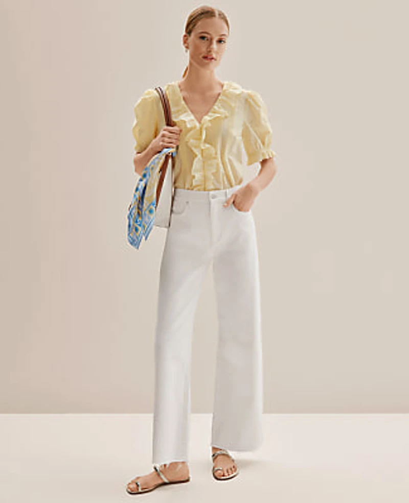Ann Taylor Petite Weekend Eyelet Ruffle Trim Blouse Size Large Lemon Pavlova Women's