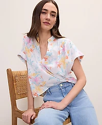 Ann Taylor Petite Floral Linen Blend Split Neck Blouse Women's