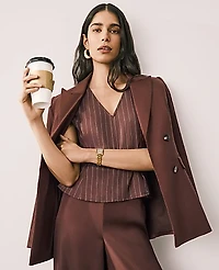 Ann Taylor Petite Pinstripe Peplum Top Linen Blend Rich Walnut Women's