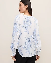 Ann Taylor Floral Pleat Front Top White-Blue Women's