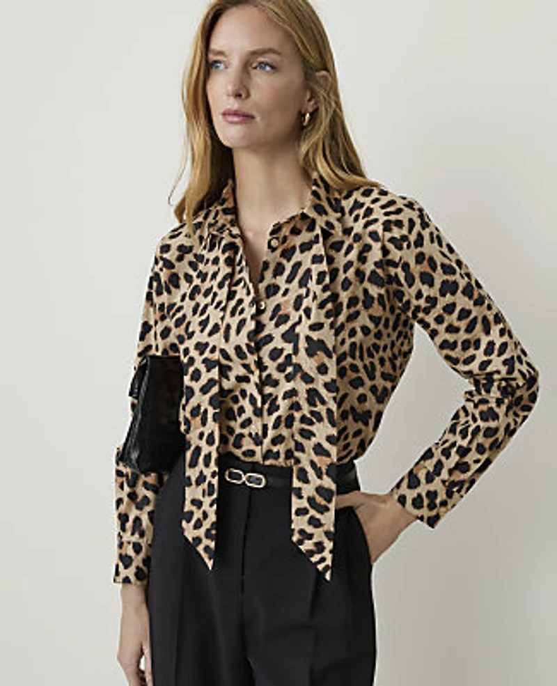 Ann Taylor Animal Print Tie Neck Blouse Cafe Au Lait B Women's
