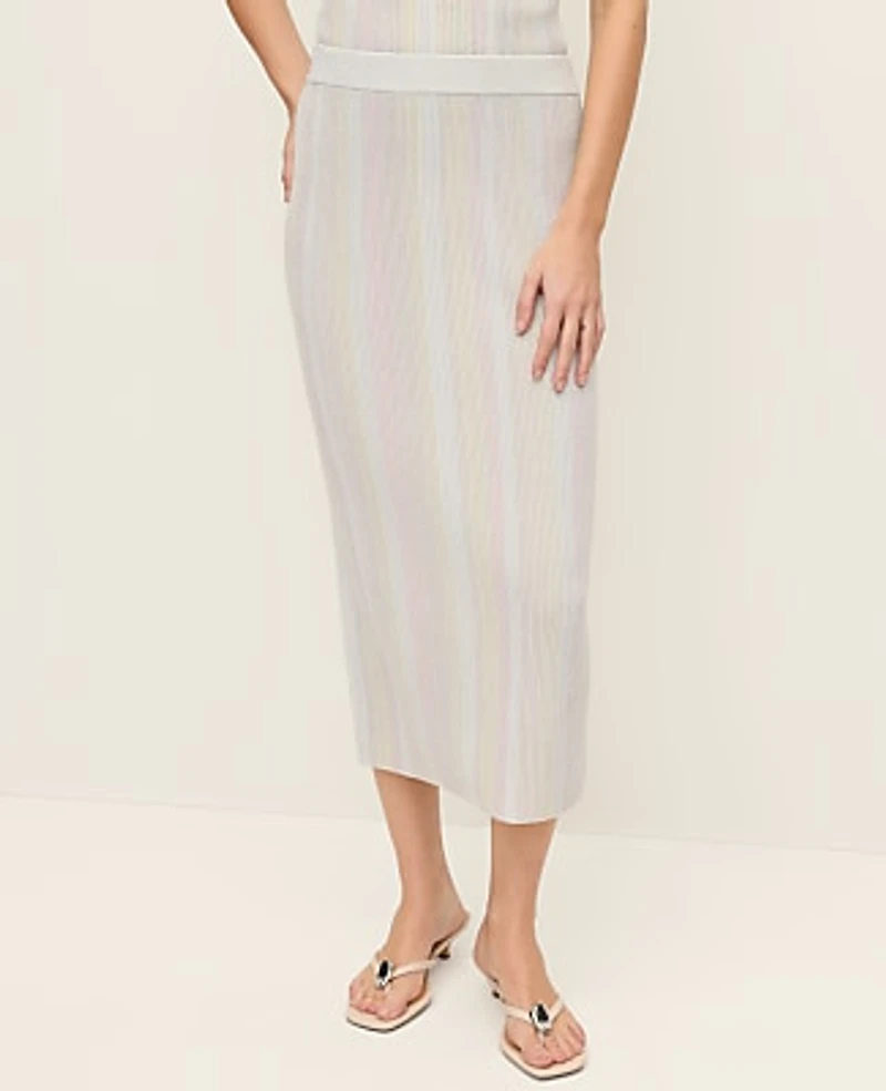 Ann Taylor Petite Striped Metallic Midi Sweater Skirt Rose Veil Women's