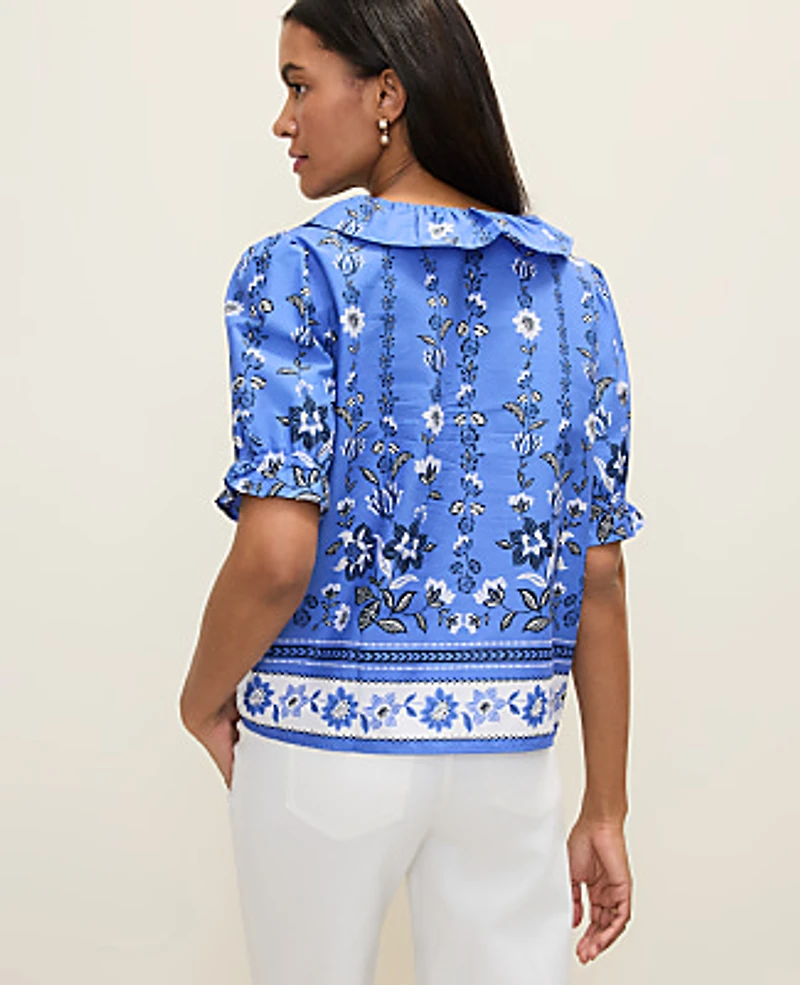 Ann Taylor Petite Weekend Floral Ruffle Trim Blouse B Dream Blue Women's