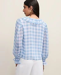 Ann Taylor Petite Gingham Ruffle Trim Blouse Sea Haze Women's