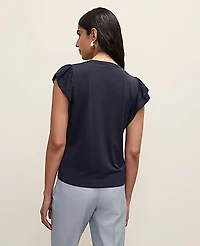 Ann Taylor Petite Mixed Media Flutter Sleeve Top Size 2XS Night Sky Women's