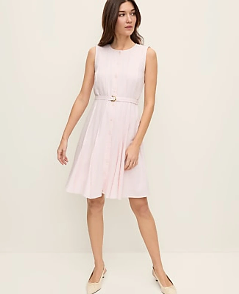 Ann Taylor Petite Belted Crew Neck Flare Dress Size 10 Blush Haze Women's