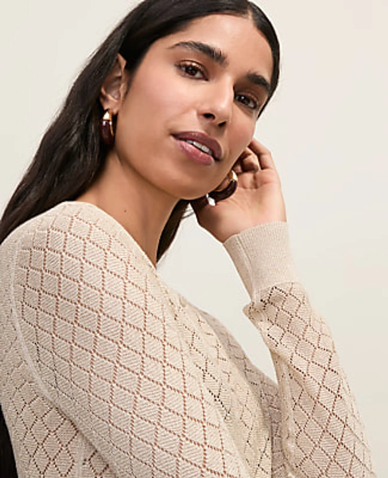 Ann Taylor Petite Metallic Pointelle Stitch Cardigan Sail Cloth Women's