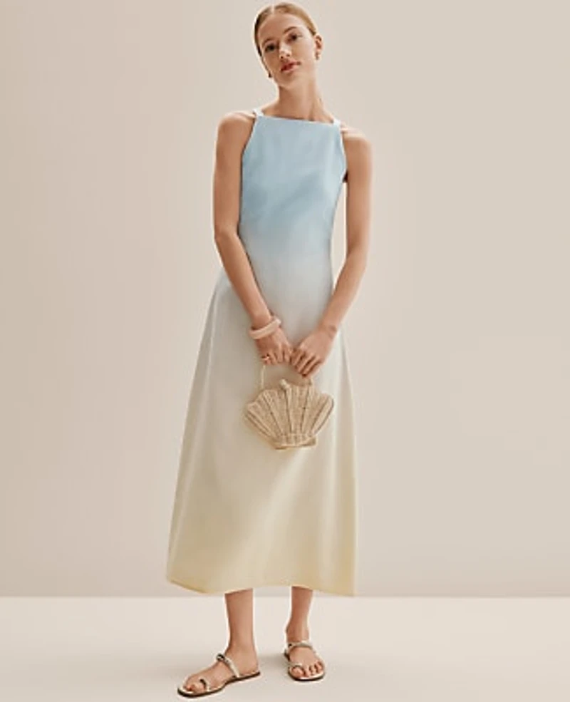 Ann Taylor Weekend Ombré Midi Dress Linen Blend Yellow-Blue Women's