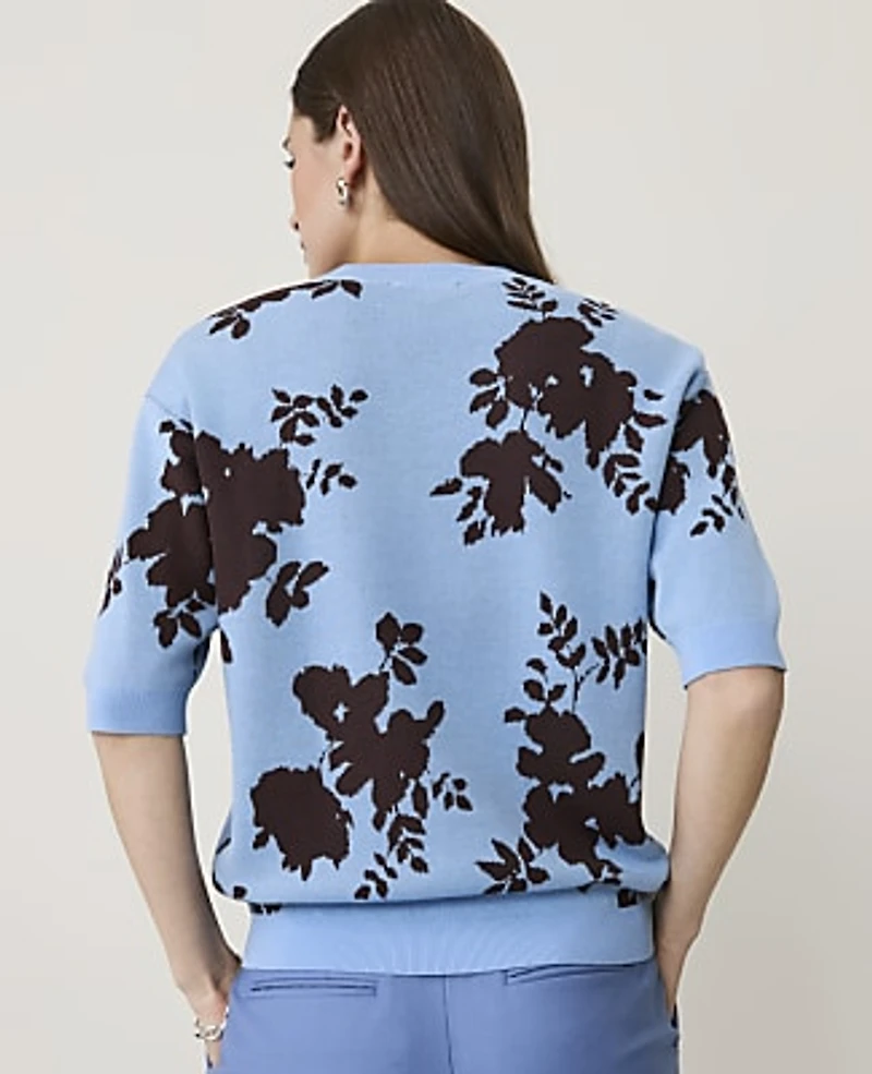 Ann Taylor Floral Jacquard Sweater T-Shirt Cheerful Blue Women's