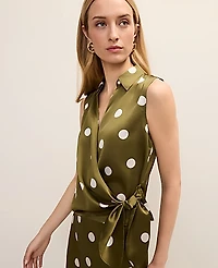 Ann Taylor Petite Dotted Tie Waist Blouse Moss Green Women's