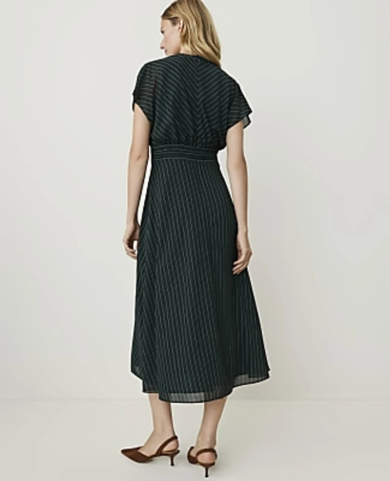 Ann Taylor Striped Midi Flare Dress Dark Forest Green Women's