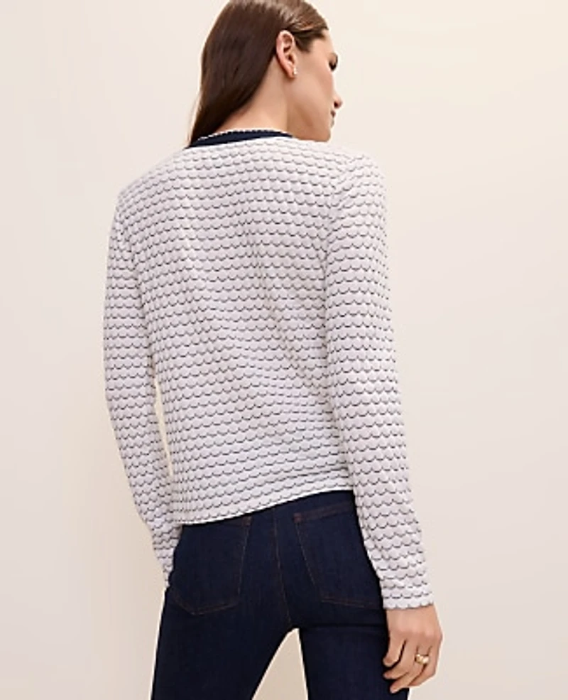 Ann Taylor Scalloped V-Neck Cardigan Ivory/Navy Multi Women's