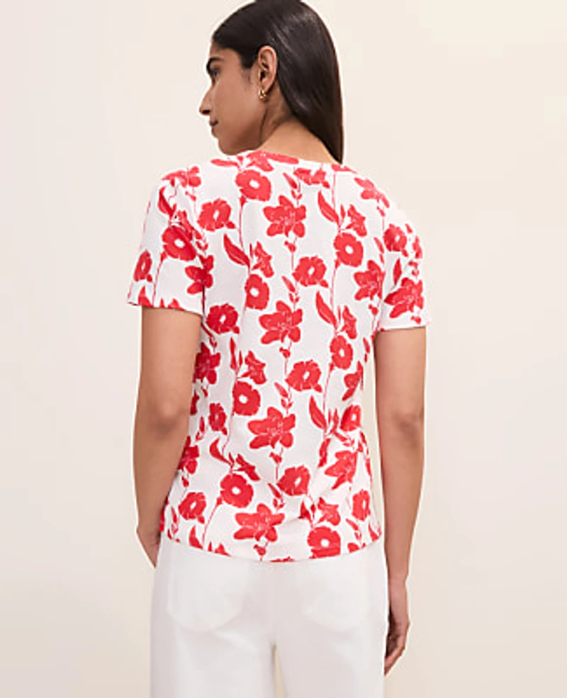 Ann Taylor Floral Crew Neck T-Shirt Bright Cherry Women's