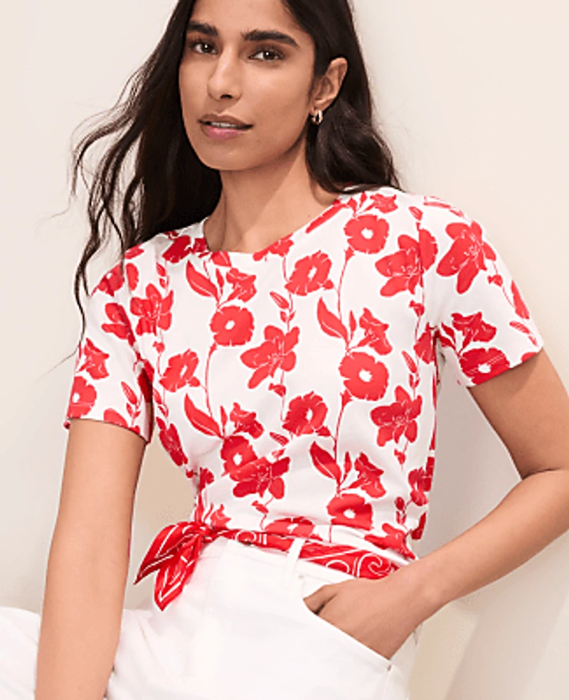 Ann Taylor Floral Crew Neck T-Shirt Bright Cherry Women's