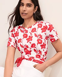 Ann Taylor Floral Crew Neck T-Shirt Bright Cherry Women's