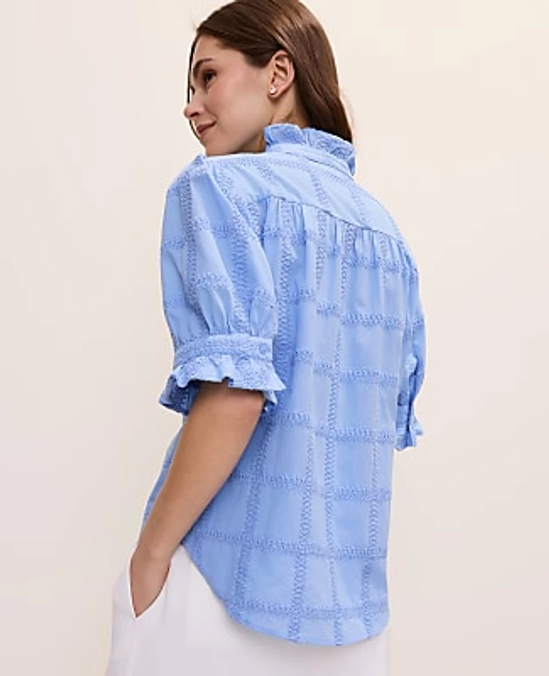 Ann Taylor Petite Crochet Ruffle Collar Blouse Vista Blue Women's
