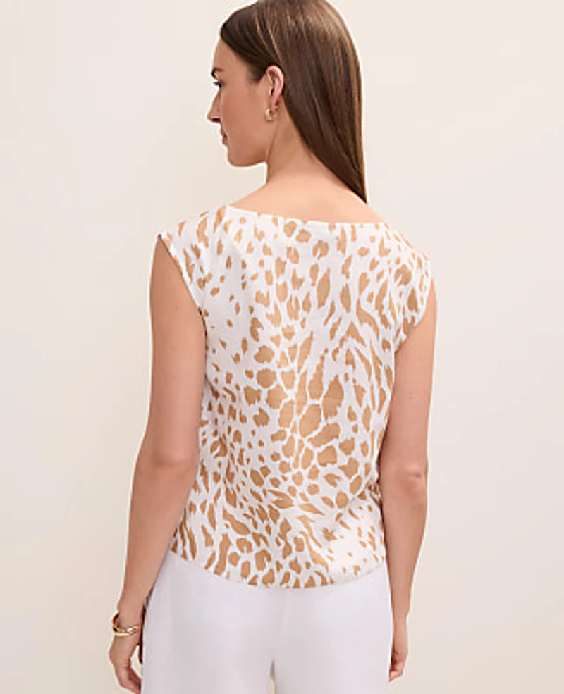 Ann Taylor Petite Animal Print Boatneck Top Linen Blend Cafe Au Lait Women's