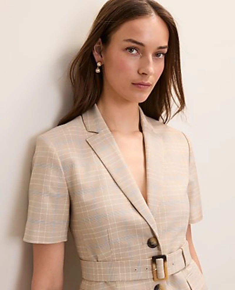 Ann Taylor The Belted Greenwich Blazer Plaid Mixed Level Neutral Women's