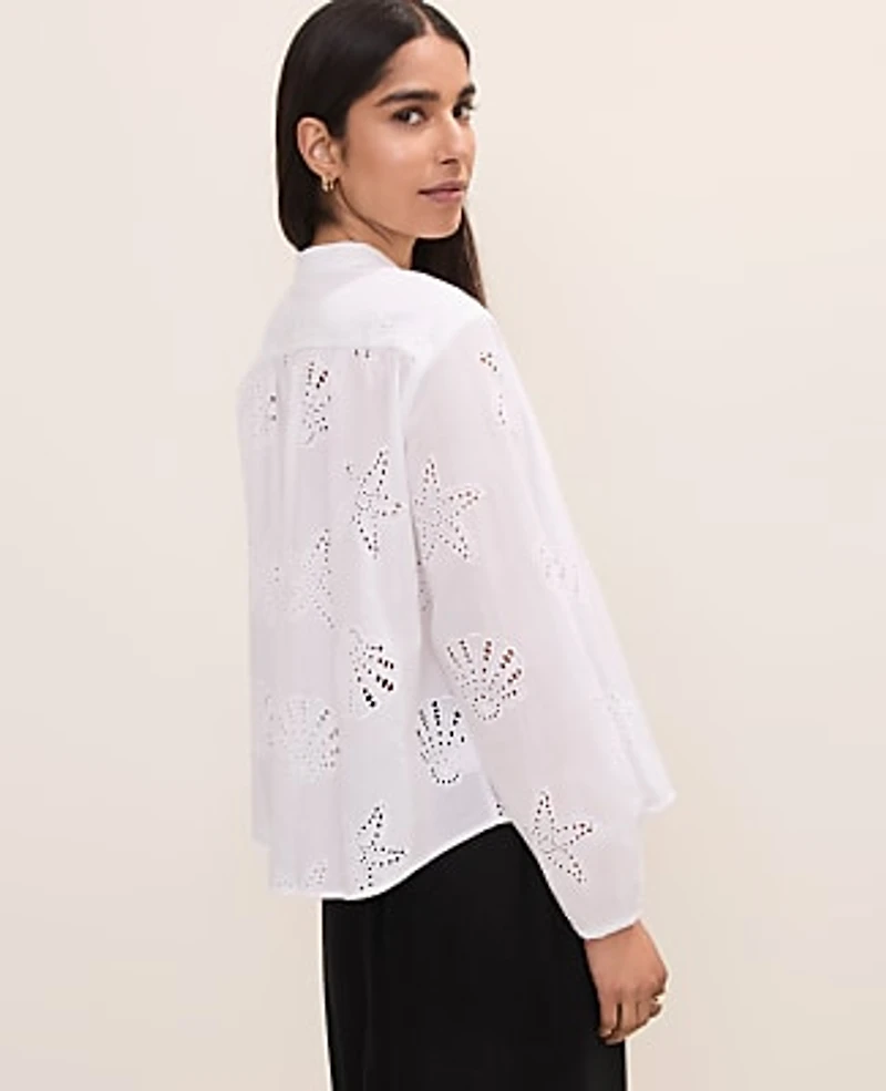 Ann Taylor Petite Eyelet V-Neck Popover Top White 9000 Women's