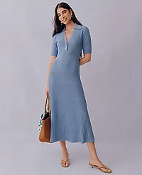 Ann Taylor Pointelle Polo Midi Sweater Dress Ocean Oasis Women's