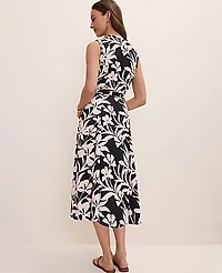 Ann Taylor Floral Belted Flare Midi Dress Black Women's