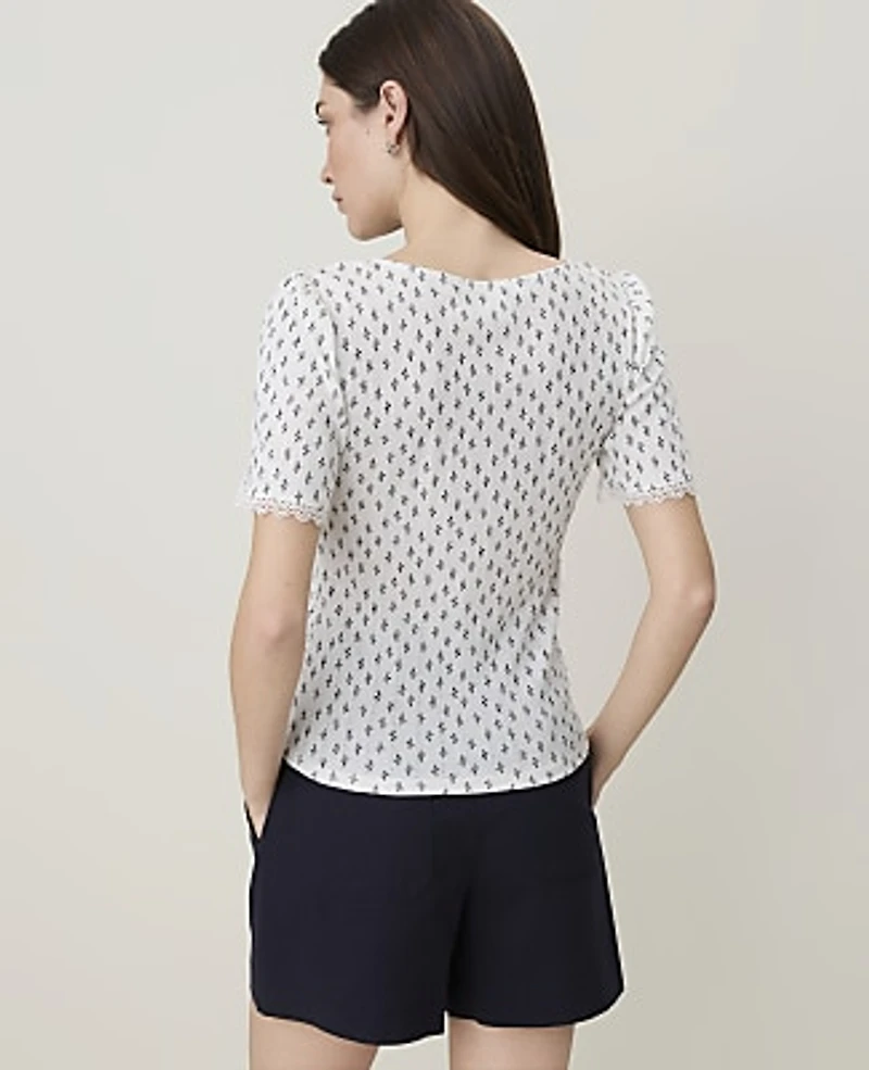 Ann Taylor Petite Weekend Floral Lace Trim Pointelle T-Shirt Winter White Women's