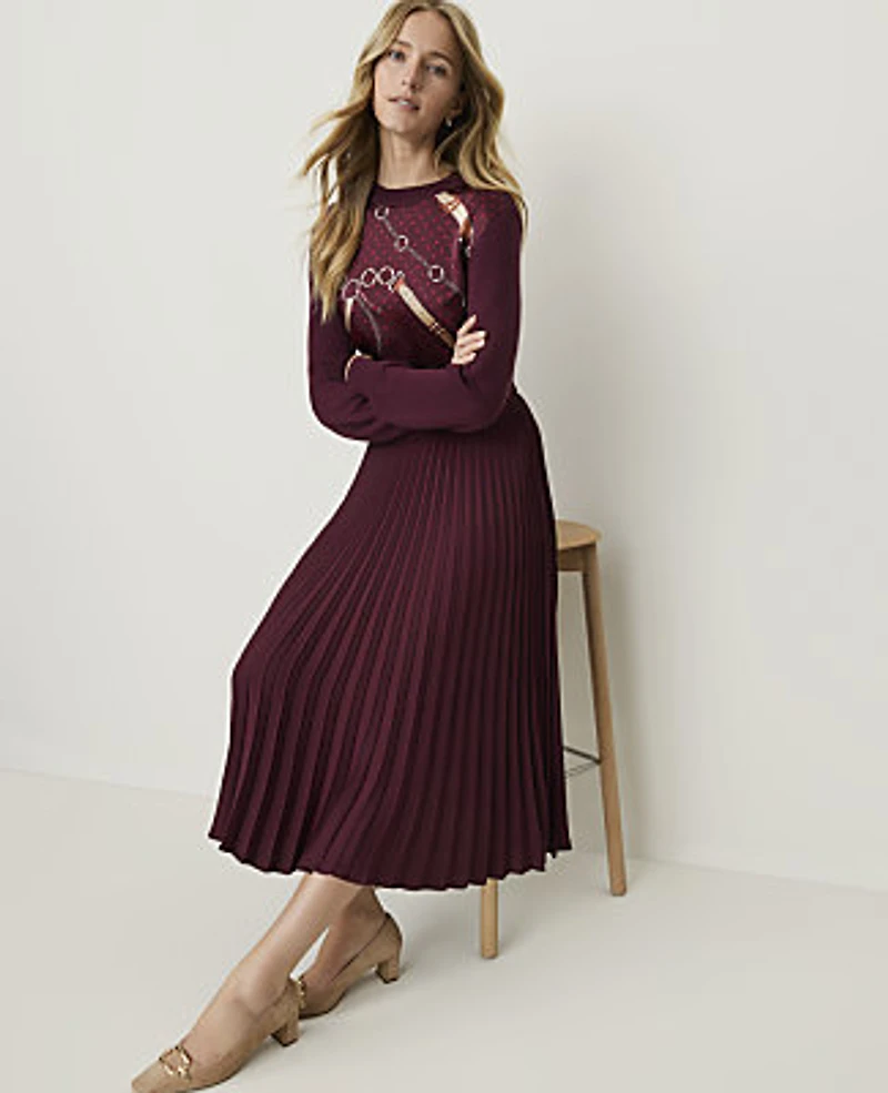 Ann Taylor Printed Mixed Media Crew Neck Sweater A Purest Plum Women's