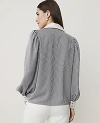 Ann Taylor Striped Satin Split Neck Blouse Night Sky Women's