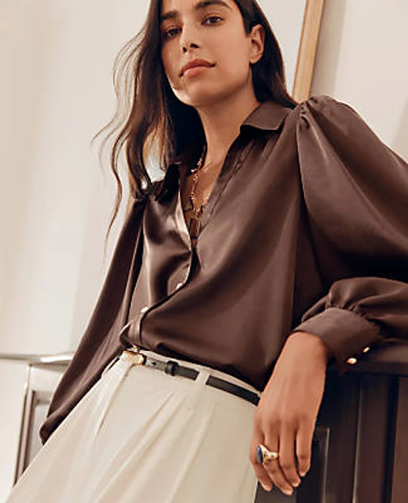 Ann Taylor Split Neck Blouse in Satin Size XL French Mocha Women's