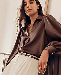 Ann Taylor Split Neck Blouse in Satin Size XL French Mocha Women's