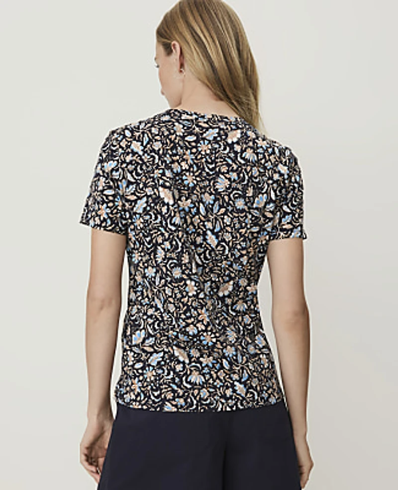 Ann Taylor Weekend Floral Crew Neck T-Shirt Night Sky Women's