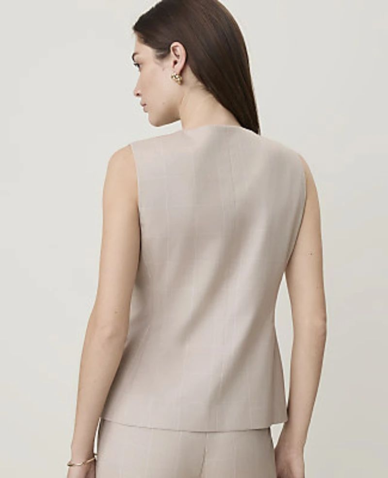 Ann Taylor The Petite Long Crew Neck Vest Windowpane Tan White Women's