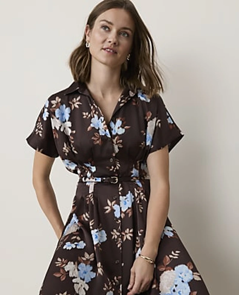 Ann Taylor Petite Floral Collared Midi Shirtdress French Mocha Women's