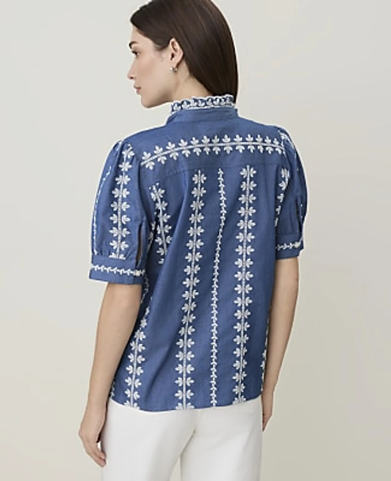 Ann Taylor Weekend Embroidered Ruffle Collar Blouse Denim Blue/White Women's