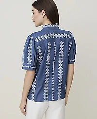 Ann Taylor Weekend Embroidered Ruffle Collar Blouse Denim Blue/White Women's