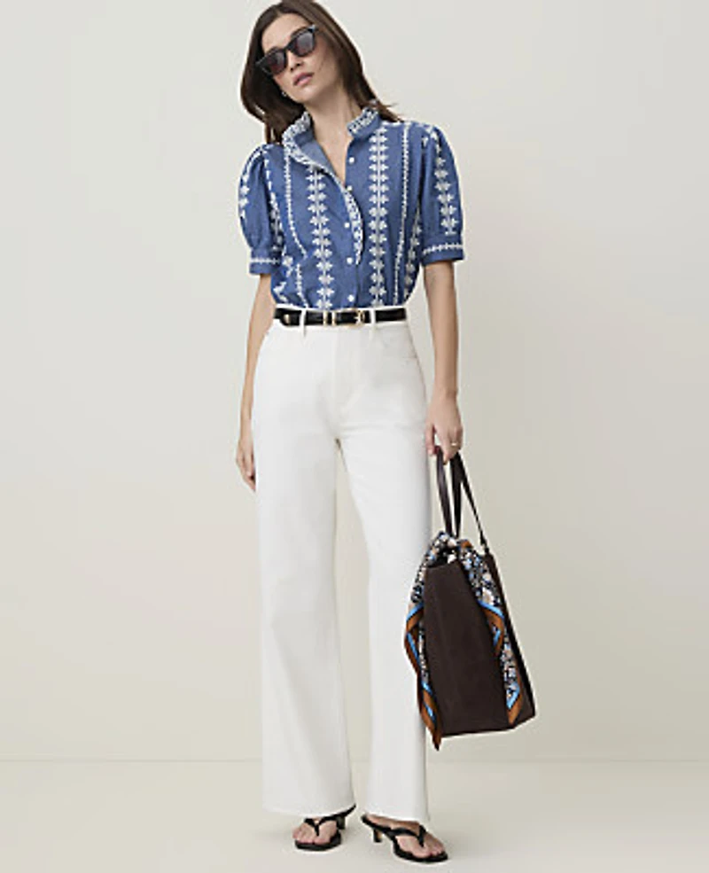 Ann Taylor Weekend Embroidered Ruffle Collar Blouse Denim Blue/White Women's