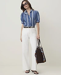 Ann Taylor Weekend Embroidered Ruffle Collar Blouse Denim Blue/White Women's
