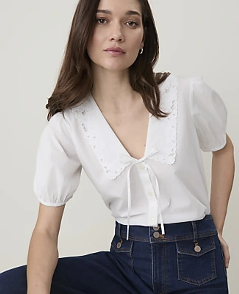 Ann Taylor Weekend Embroidered Collar Blouse Women's