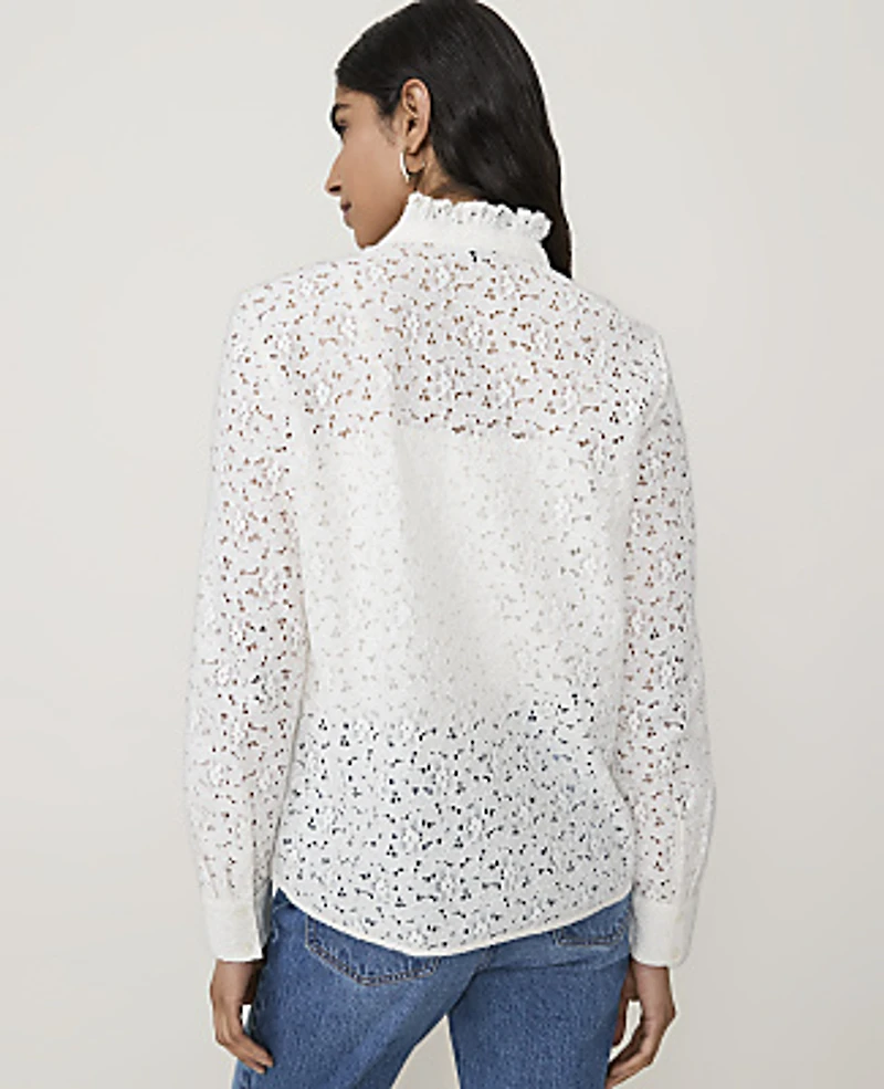 Ann Taylor Petite Ruffle Collar Lace Blouse Winter White Women's