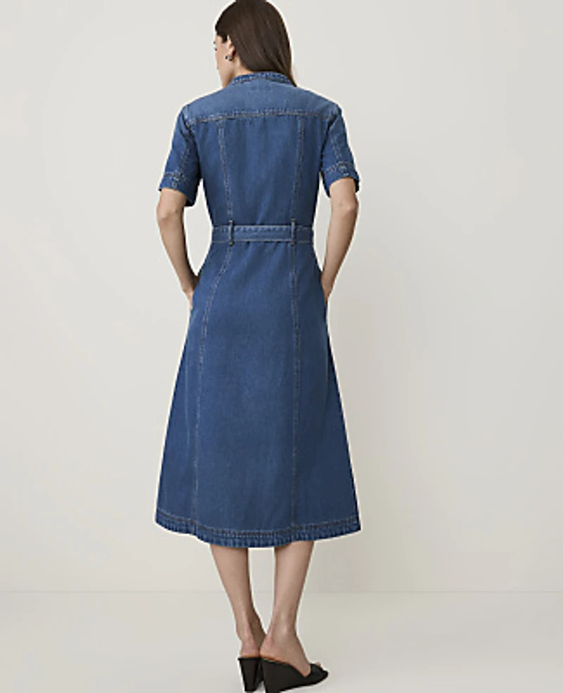 Ann Taylor Petite Weekend Belted Denim Shirtdress Bright Medium Stone Wash Women's