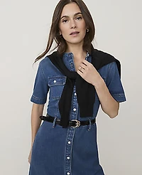 Ann Taylor Petite Weekend Belted Denim Shirtdress Bright Medium Stone Wash Women's