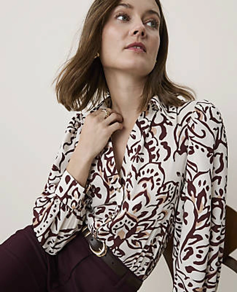 Ann Taylor Paisley Split Neck Blouse Satin Popcorn B Women's
