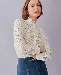 Ann Taylor Ruffle Collar Lace Blouse Winter White Women's