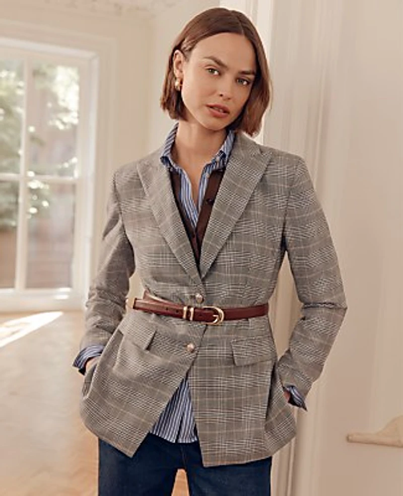 Ann Taylor The Petite Plaid Fitted Long Blazer Blue Women's