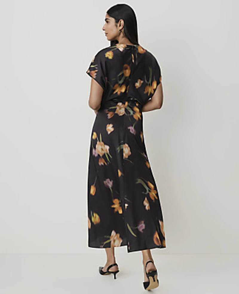 Ann Taylor Petite Floral Crew Neck Midi Dress Black - Yellow Women's