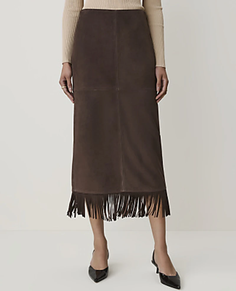 Ann Taylor Studio Collection Suede Fringe Column Skirt Pure Chocolate Women's