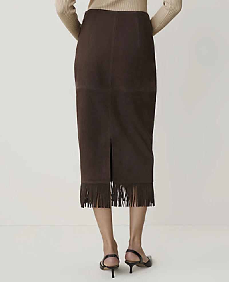 Ann Taylor Studio Collection Suede Fringe Column Skirt Pure Chocolate Women's