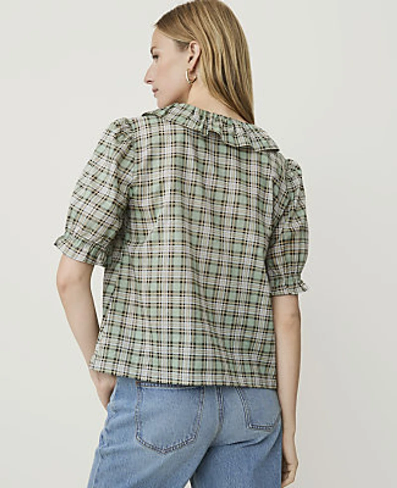 Ann Taylor Petite Weekend Plaid Ruffle Trim Blouse Soft Eucalyptus Women's