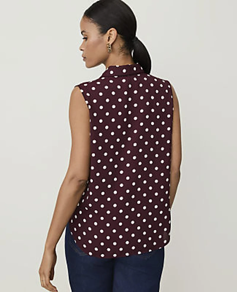 Ann Taylor Petite Polka Dot Shirred Sleeveless Shirt Purest Plum Women's