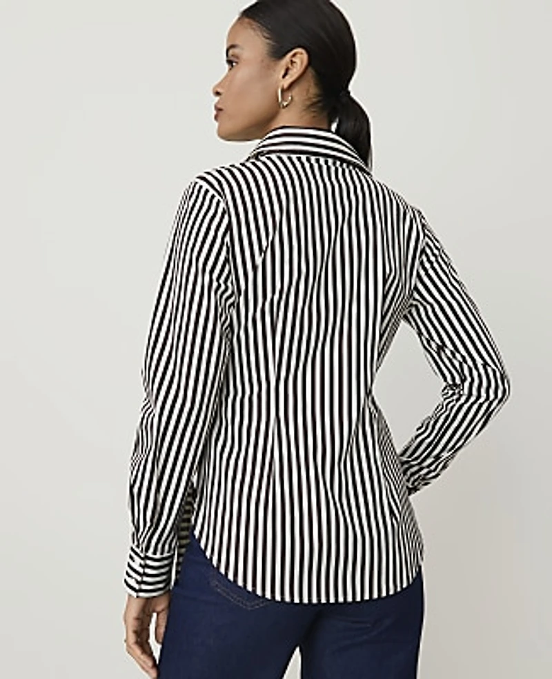 Ann Taylor Striped Tie Waist Button Down Shirt French Mocha Women's